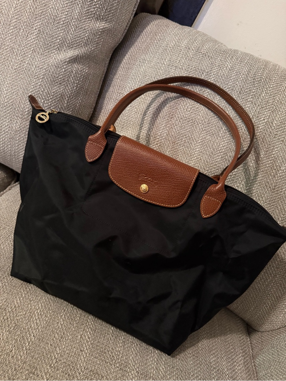 Longchamp Black Nylon Tote with Brown Leather Trim